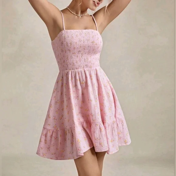 New Boho Floral Print Cotton Smocked Cami Short Dress Pink Yellow - Picture 3 of 9